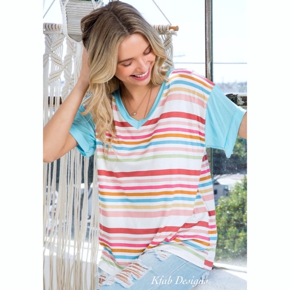 ❤️LAST! V Neck Super Soft Jersey Knit Multi Stripe Ruffle Sleeve Top! - Picture 4 of 11